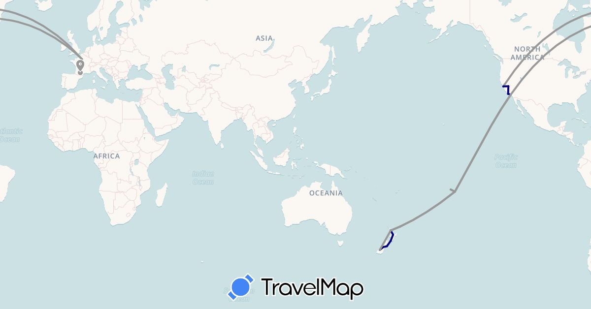 TravelMap itinerary: driving, plane in France, New Zealand, French Polynesia, United States (Europe, North America, Oceania)